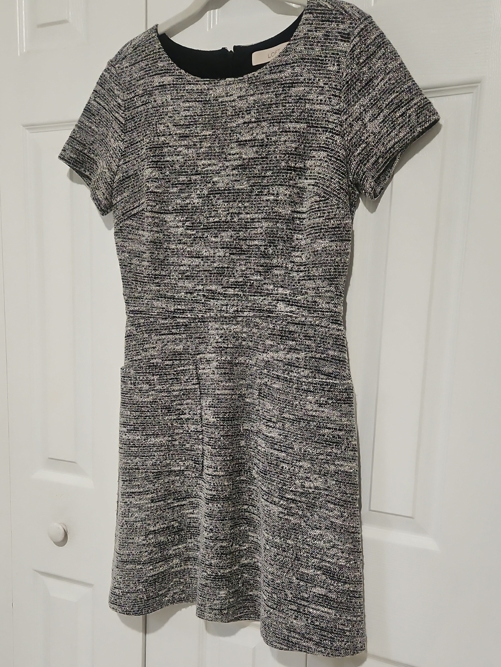 LOFT Black & White Tweed Short Sleeve Ponte A-Line Dress